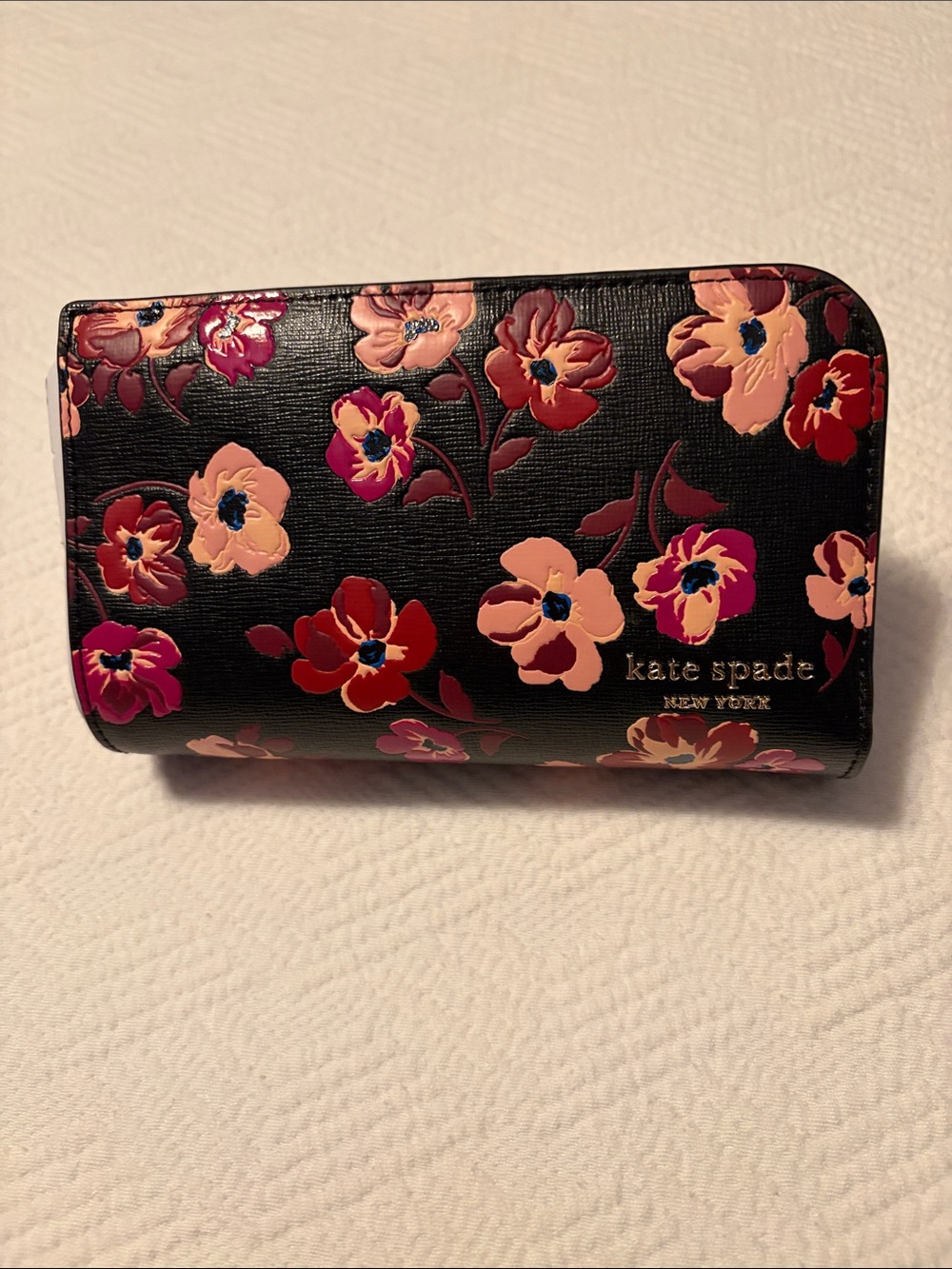 kate spade Black Floral Zip Wallet with Pink and Red Flowers